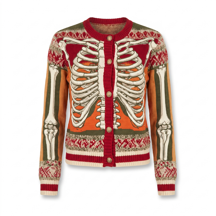 Vintage Chunky Knitted Cardigan with Anatomy Art – Mid-Length Design for Daily Wear