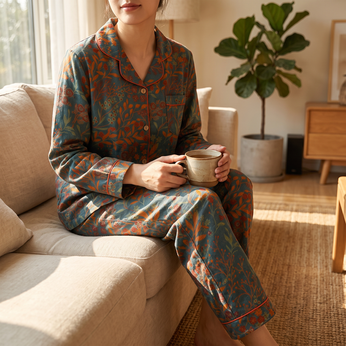 Velmora | Vintage Leaf Cotton Loungewear Set Soft Lightweight – Eco-Friendly Jacquard Design — lifestyle